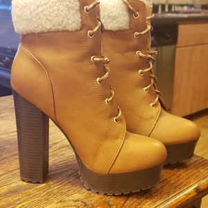 Beige Heeled Construction Boot